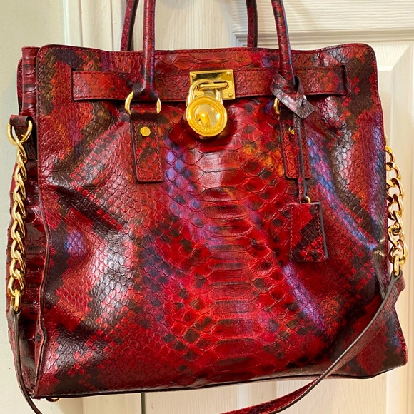 Michael Kors Handbags - Michael KORS Hamilton burgundy chain link red leather python embossed  bag